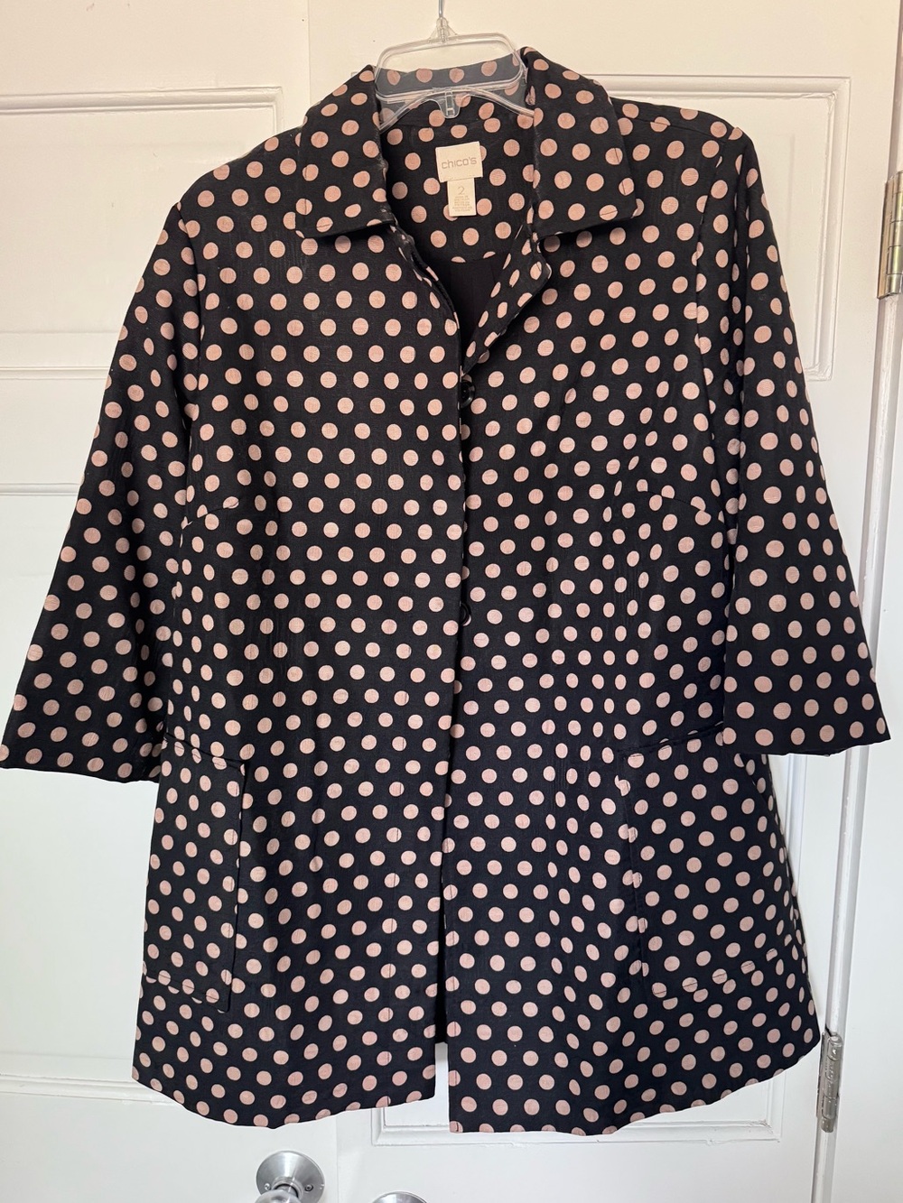 Chico's Brown Jacket with tan Polka Dots, Swing Style. Super Cute!